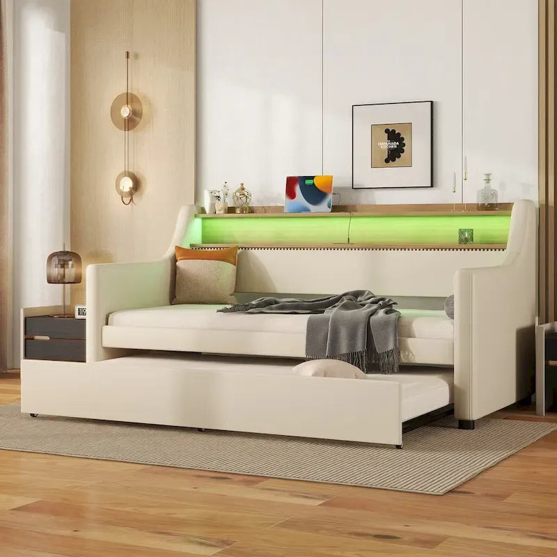 Lit de repos simple en cuir avec lit gigogne, éclairage LED et ports USB – Tête de lit de rangement incluse