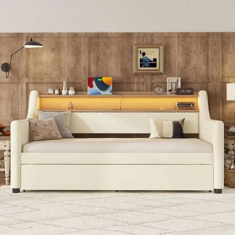 Lit de repos simple en cuir avec lit gigogne, éclairage LED et ports USB – Tête de lit de rangement incluse