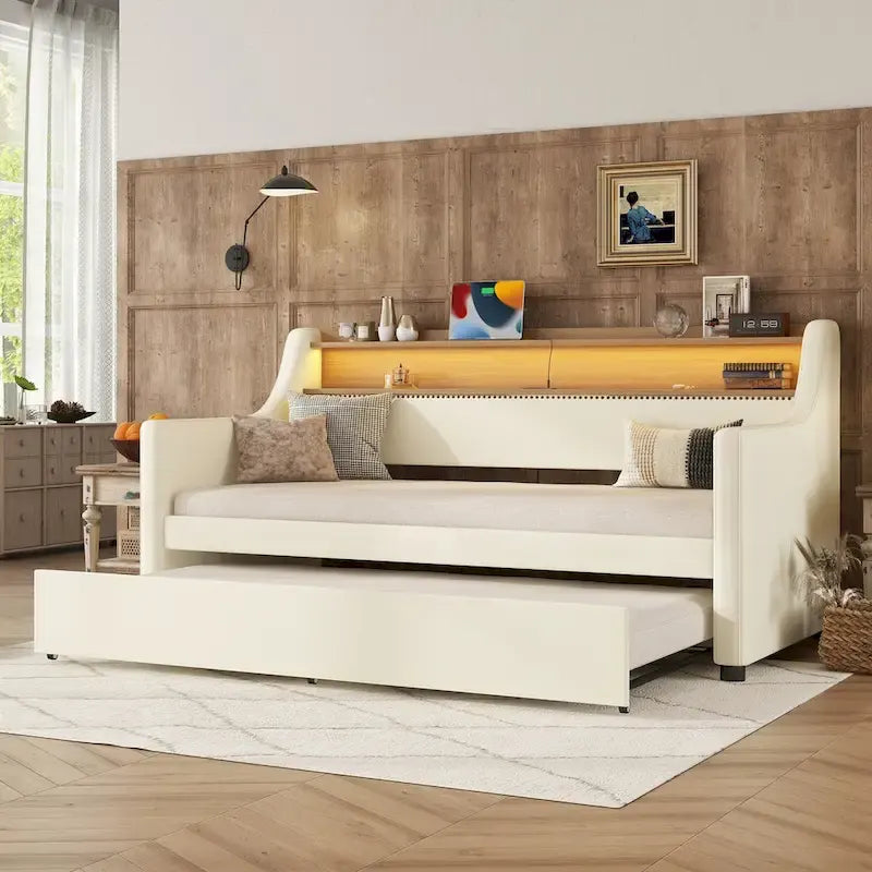 Lit de repos simple en cuir avec lit gigogne, éclairage LED et ports USB – Tête de lit de rangement incluse