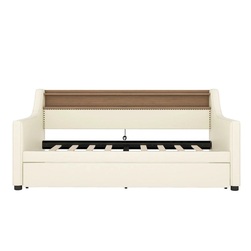 Lit de repos simple en cuir avec lit gigogne, éclairage LED et ports USB – Tête de lit de rangement incluse