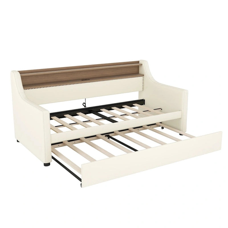 Lit de repos simple en cuir avec lit gigogne, éclairage LED et ports USB – Tête de lit de rangement incluse
