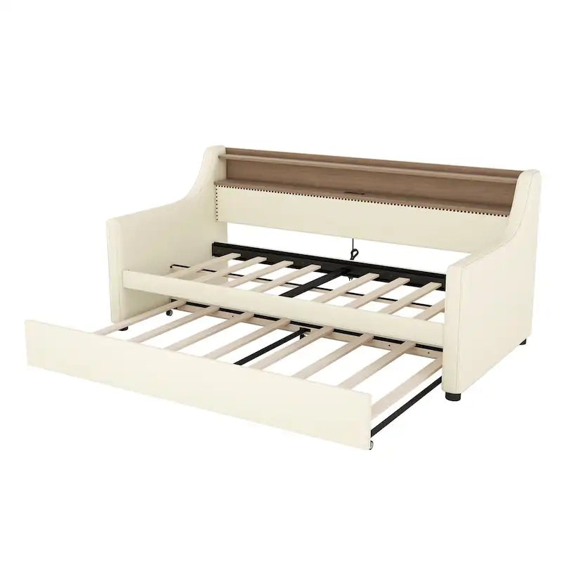 Lit de repos simple en cuir avec lit gigogne, éclairage LED et ports USB – Tête de lit de rangement incluse