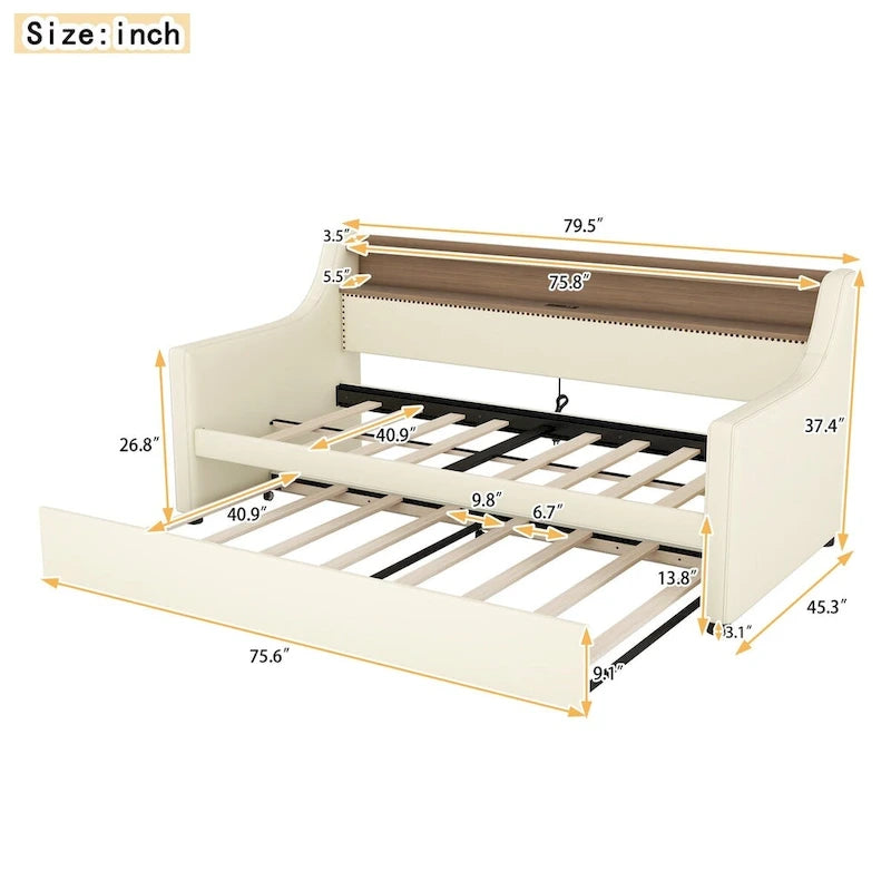 Lit de repos simple en cuir avec lit gigogne, éclairage LED et ports USB – Tête de lit de rangement incluse