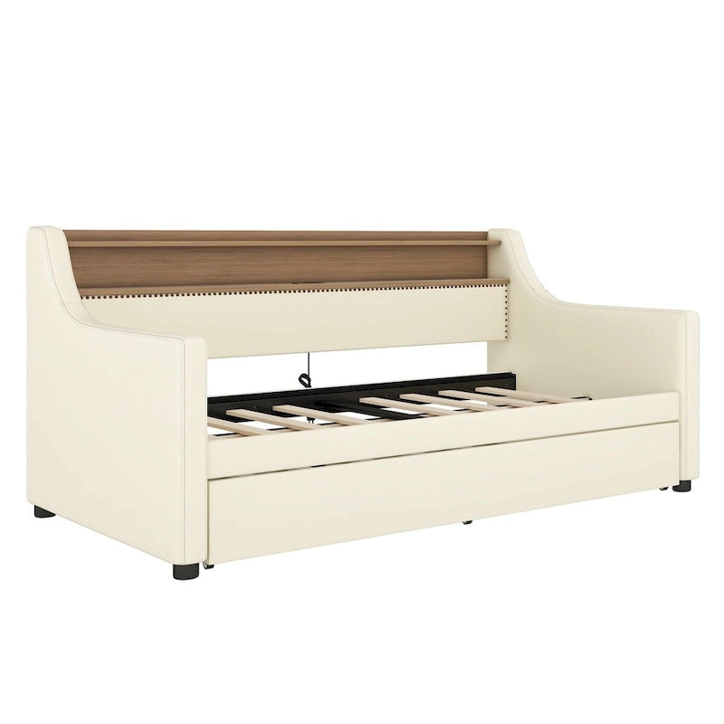 Lit de repos simple en cuir avec lit gigogne, éclairage LED et ports USB – Tête de lit de rangement incluse