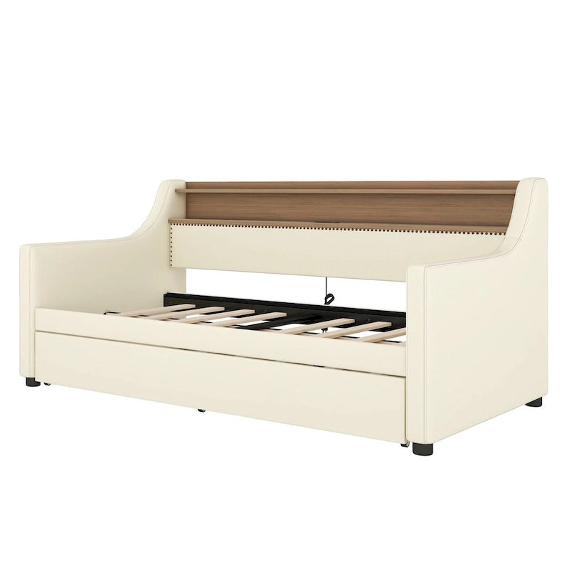 Lit de repos simple en cuir avec lit gigogne, éclairage LED et ports USB – Tête de lit de rangement incluse