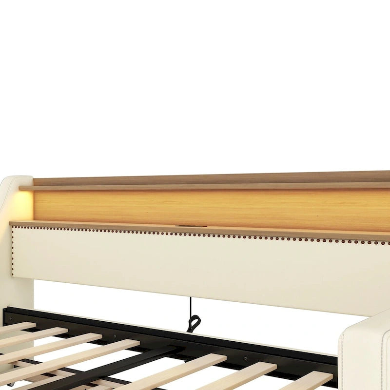 Lit de repos simple en cuir avec lit gigogne, éclairage LED et ports USB – Tête de lit de rangement incluse