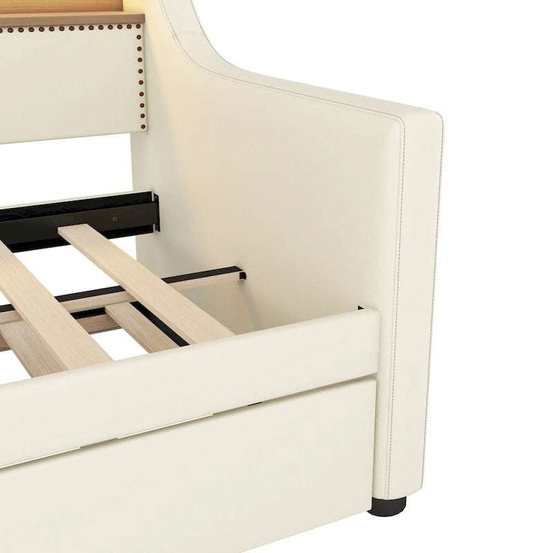 Lit de repos simple en cuir avec lit gigogne, éclairage LED et ports USB – Tête de lit de rangement incluse