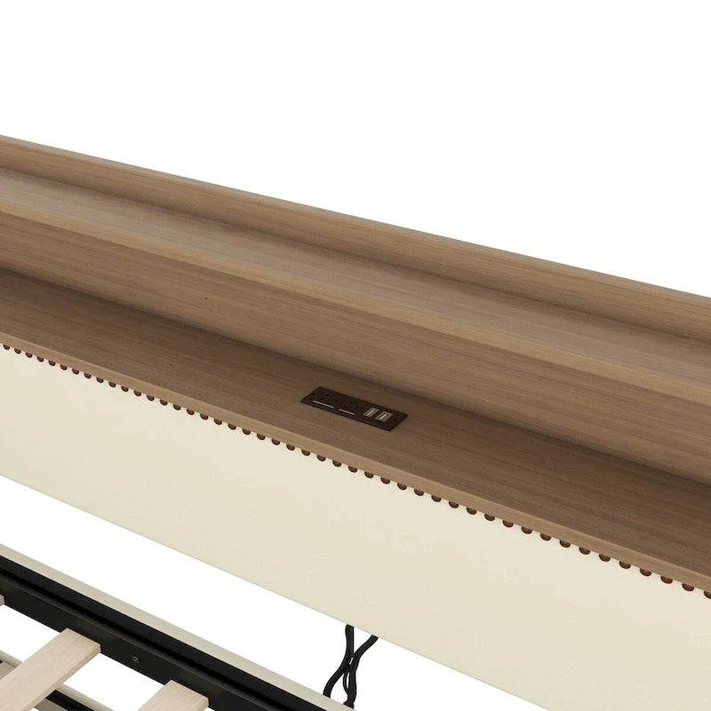 Lit de repos simple en cuir avec lit gigogne, éclairage LED et ports USB – Tête de lit de rangement incluse