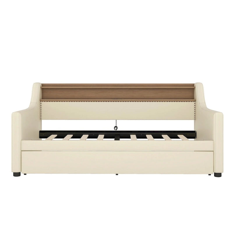 Lit de repos simple en cuir avec lit gigogne, éclairage LED et ports USB – Tête de lit de rangement incluse