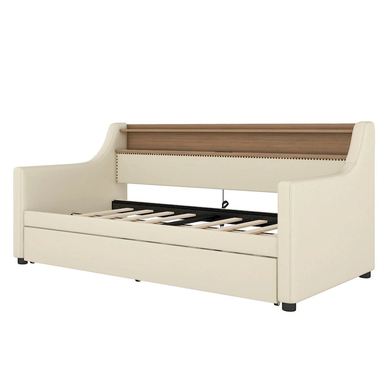 Lit de repos simple en cuir avec lit gigogne, éclairage LED et ports USB – Tête de lit de rangement incluse