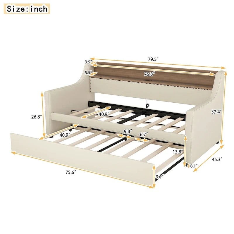 Lit de repos simple en cuir avec lit gigogne, éclairage LED et ports USB – Tête de lit de rangement incluse