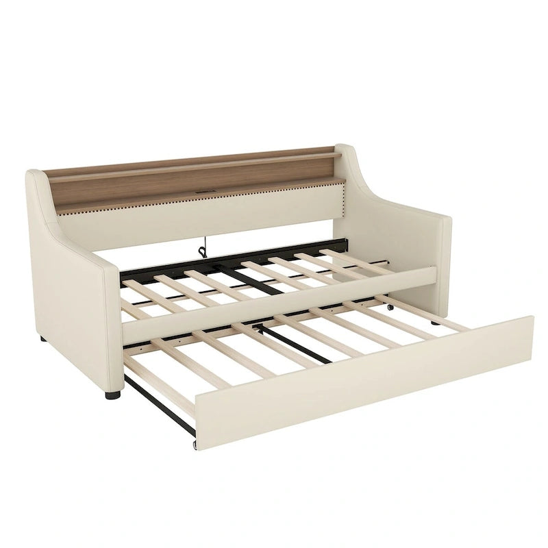 Lit de repos simple en cuir avec lit gigogne, éclairage LED et ports USB – Tête de lit de rangement incluse