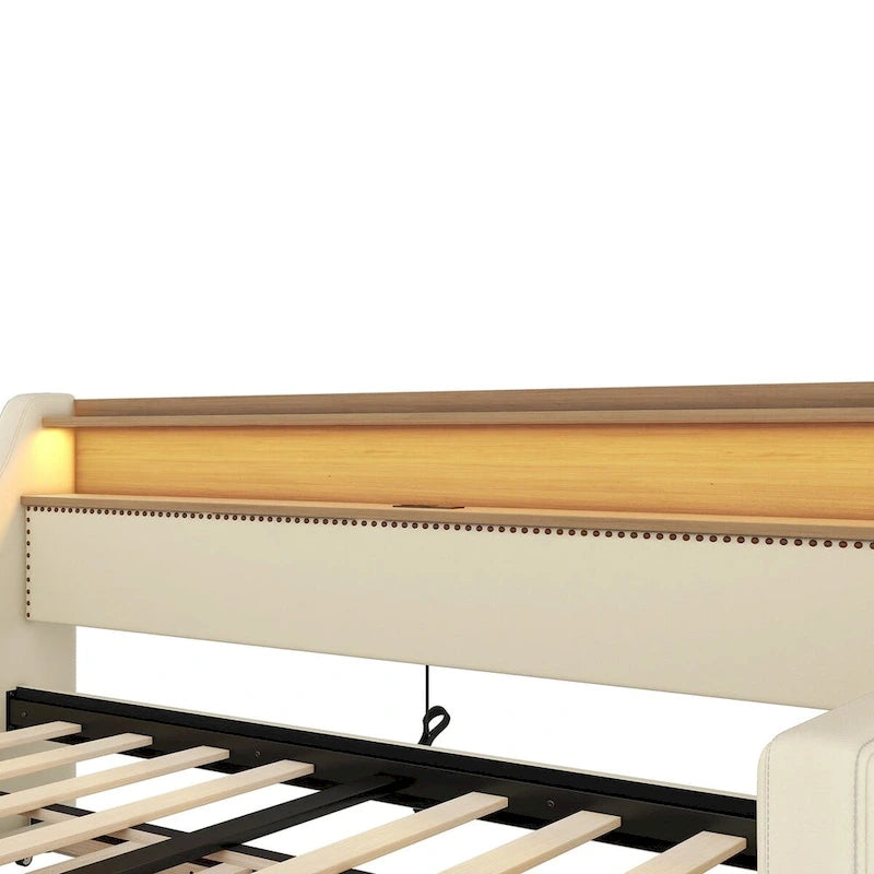 Lit de repos simple en cuir avec lit gigogne, éclairage LED et ports USB – Tête de lit de rangement incluse