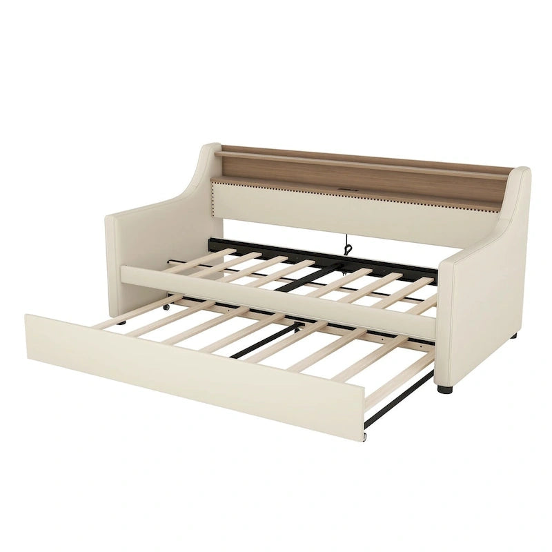 Lit de repos simple en cuir avec lit gigogne, éclairage LED et ports USB – Tête de lit de rangement incluse