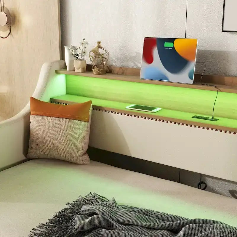 Lit de repos simple en cuir avec lit gigogne, éclairage LED et ports USB – Tête de lit de rangement incluse