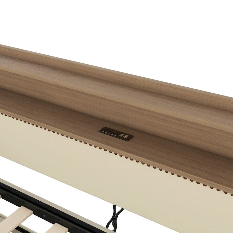 Lit de repos simple en cuir avec lit gigogne, éclairage LED et ports USB – Tête de lit de rangement incluse