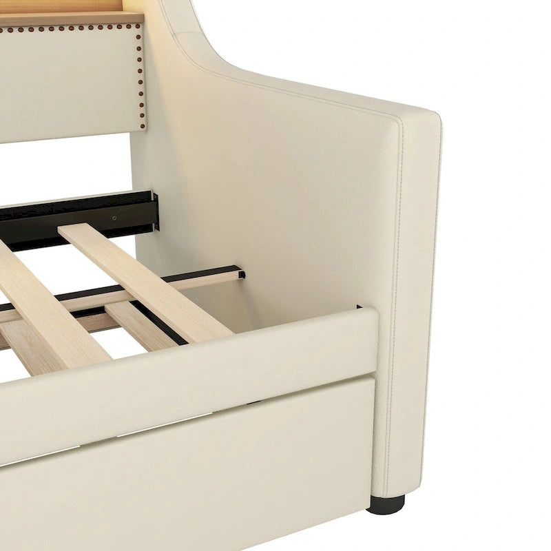 Lit de repos simple en cuir avec lit gigogne, éclairage LED et ports USB – Tête de lit de rangement incluse