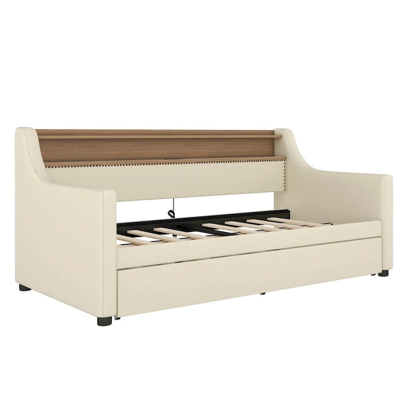 Lit de repos simple en cuir avec lit gigogne, éclairage LED et ports USB – Tête de lit de rangement incluse