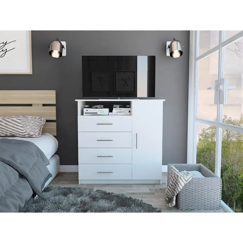 Commode à 4 tiroirs, Armoire à porte unique, Une étagère ouverte, Plateau supérieur de qualité supérieure