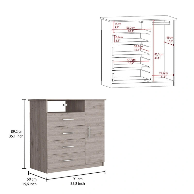 Commode à 4 tiroirs, Armoire à porte unique, Une étagère ouverte, Plateau supérieur de qualité supérieure