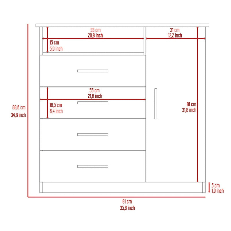 Commode à 4 tiroirs, Armoire à porte unique, Une étagère ouverte, Plateau supérieur de qualité supérieure