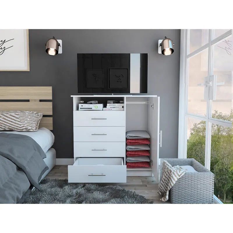 Commode à 4 tiroirs, Armoire à porte unique, Une étagère ouverte, Plateau supérieur de qualité supérieure