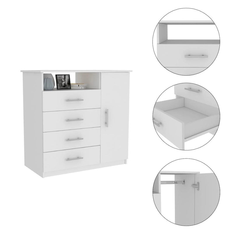 Commode à 4 tiroirs, Armoire à porte unique, Une étagère ouverte, Plateau supérieur de qualité supérieure