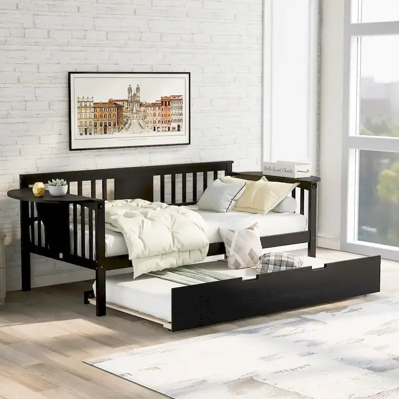 Lit de repos double en bois avec lit gigogne, canapé-lit pour chambre ou salon