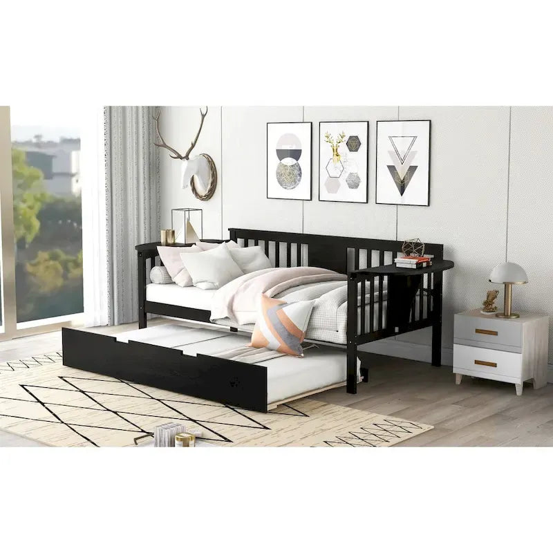 Lit de repos double en bois avec lit gigogne, canapé-lit pour chambre ou salon