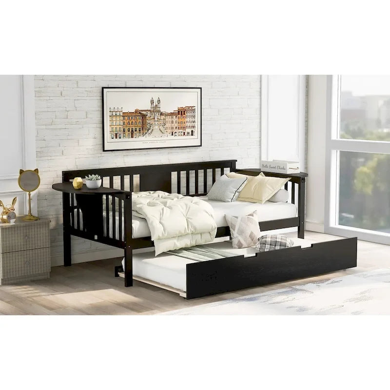 Lit de repos double en bois avec lit gigogne, canapé-lit pour chambre ou salon