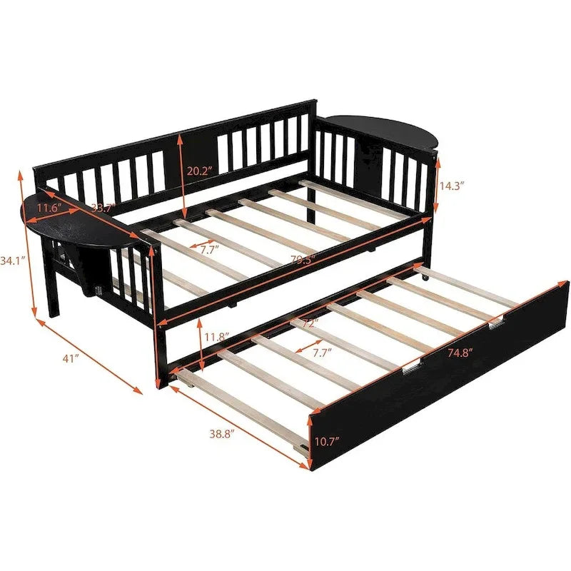 Lit de repos double en bois avec lit gigogne, canapé-lit pour chambre ou salon