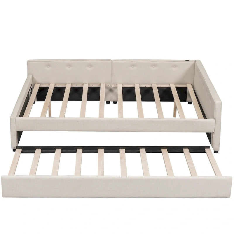 Lit plateforme capitonné Queen avec port USB et lit gigogne