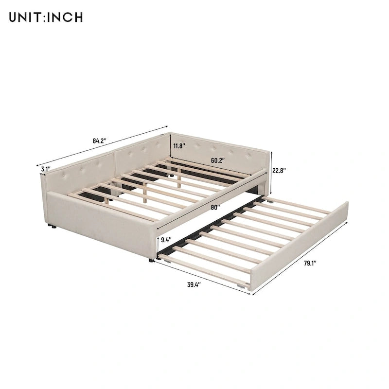Lit plateforme capitonné Queen avec port USB et lit gigogne
