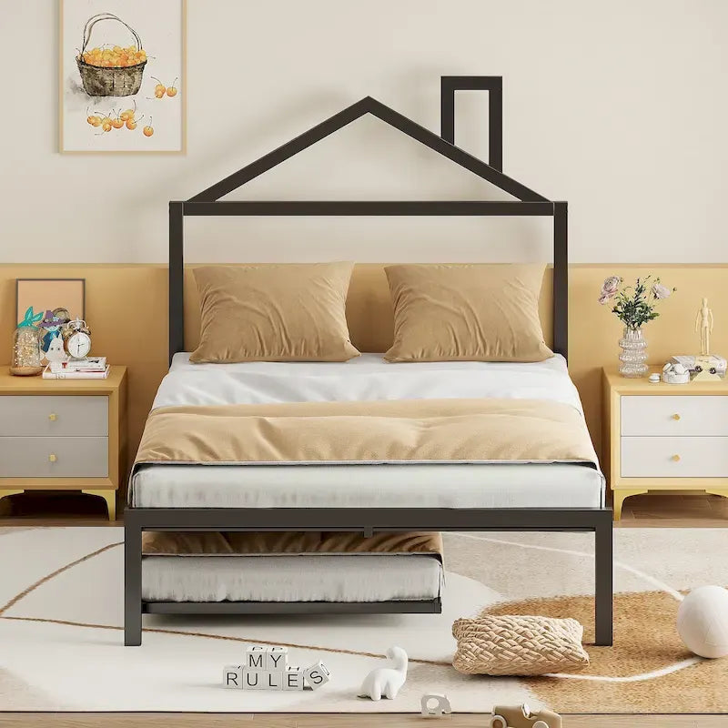 Lit plateforme en métal pleine grandeur avec lit gigogne double – Pas besoin de sommier, conception peu encombrante