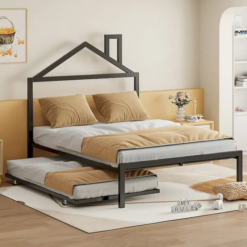 Lit plateforme en métal pleine grandeur avec lit gigogne double – Pas besoin de sommier, conception peu encombrante