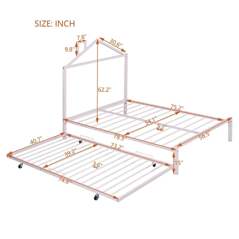 Lit plateforme en métal pleine grandeur avec lit gigogne double – Pas besoin de sommier, conception peu encombrante