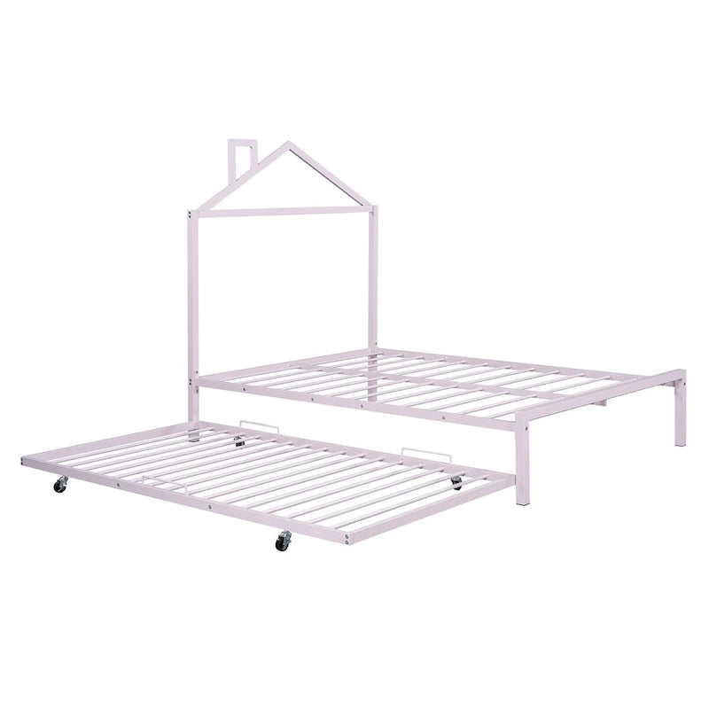 Lit plateforme en métal pleine grandeur avec lit gigogne double – Pas besoin de sommier, conception peu encombrante