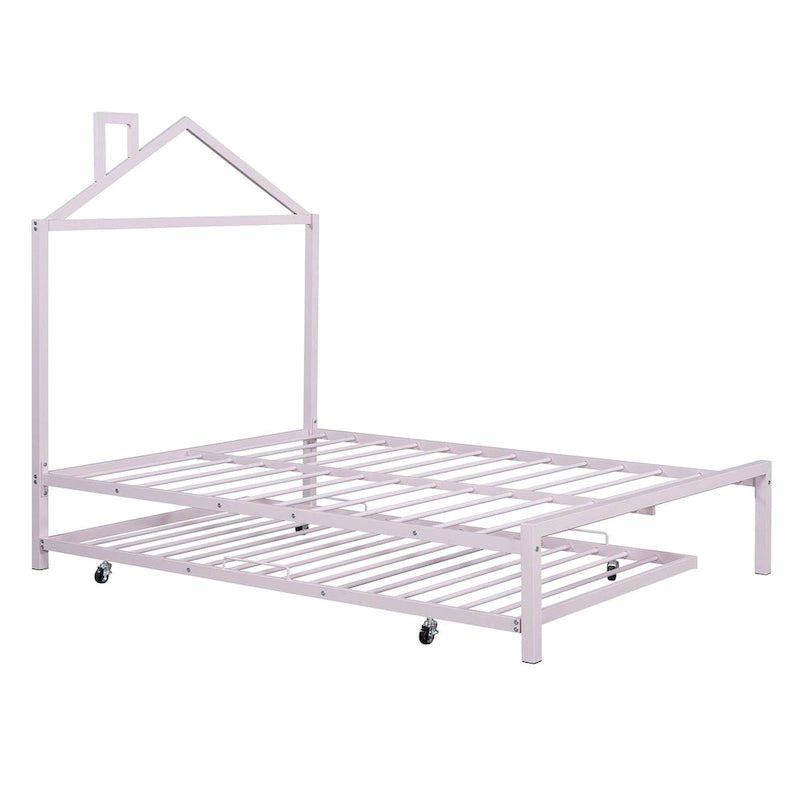 Lit plateforme en métal pleine grandeur avec lit gigogne double – Pas besoin de sommier, conception peu encombrante