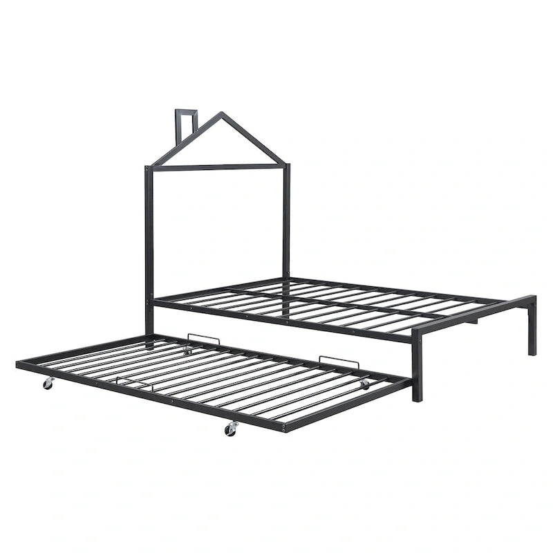 Lit plateforme en métal pleine grandeur avec lit gigogne double – Pas besoin de sommier, conception peu encombrante