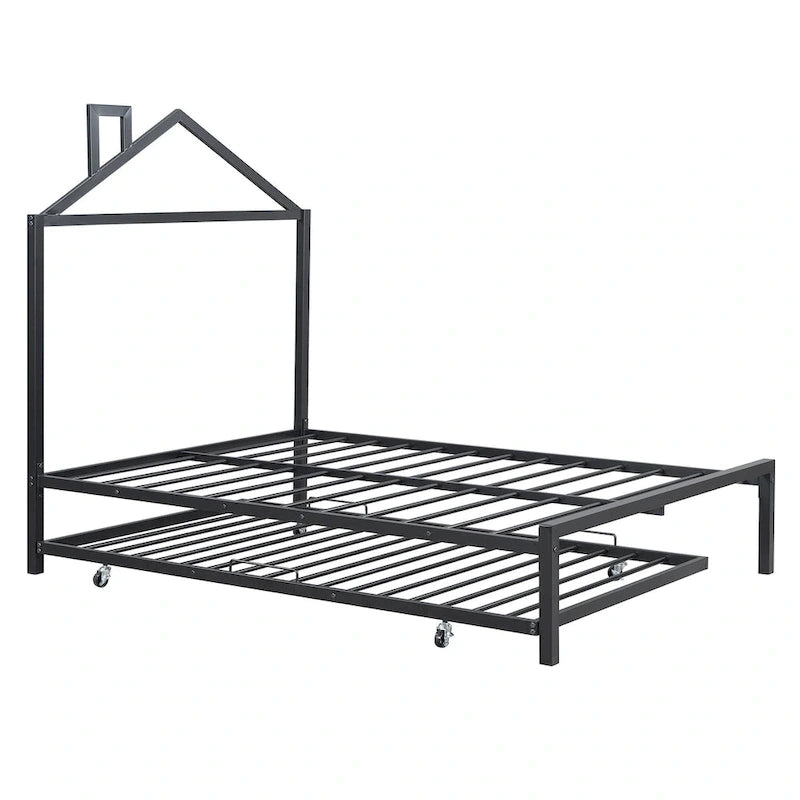 Lit plateforme en métal pleine grandeur avec lit gigogne double – Pas besoin de sommier, conception peu encombrante