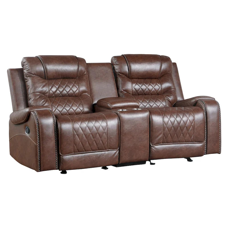 Causeuse inclinable manuelle avec console porte-gobelets – Canapé en similicuir marron pour salon