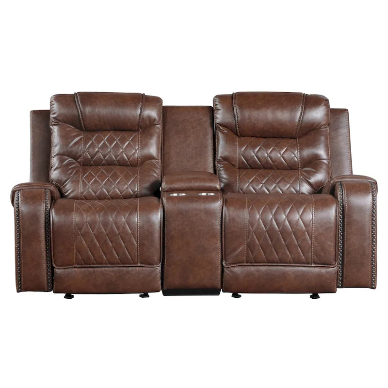 Causeuse inclinable manuelle avec console porte-gobelets – Canapé en similicuir marron pour salon