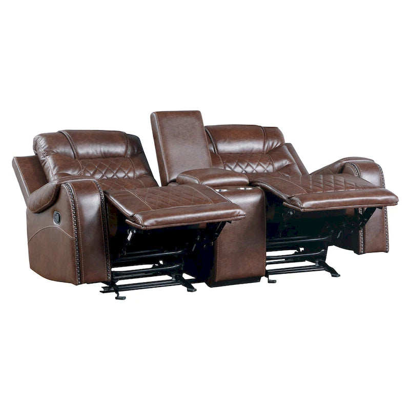 Causeuse inclinable manuelle avec console porte-gobelets – Canapé en similicuir marron pour salon