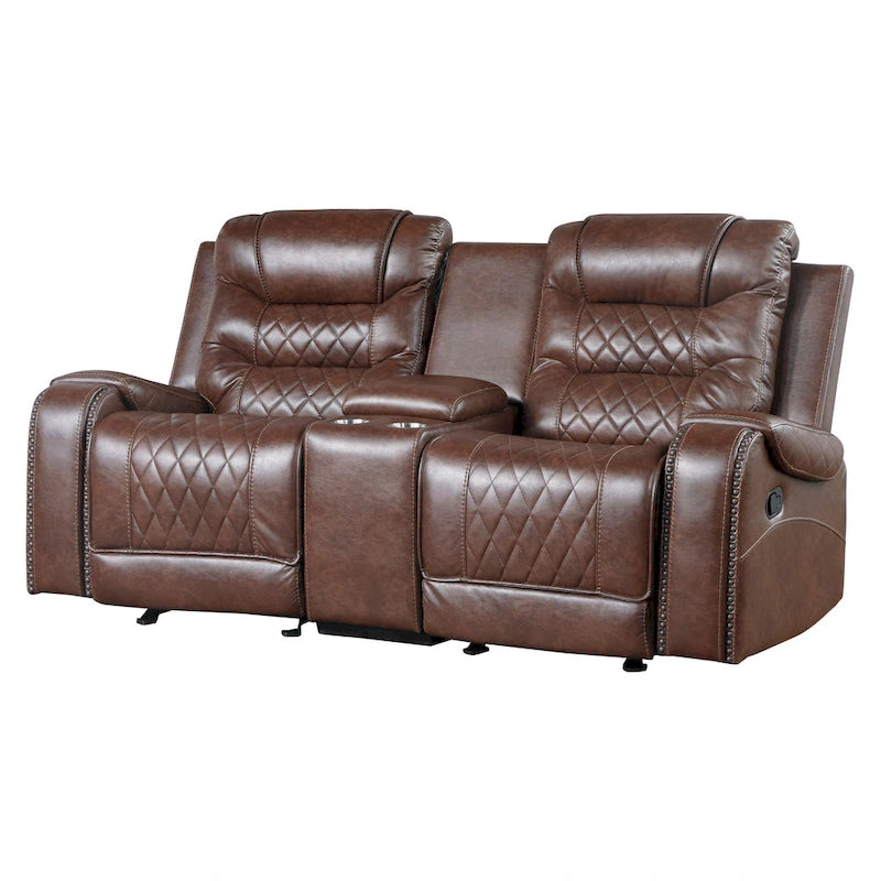 Causeuse inclinable manuelle avec console porte-gobelets – Canapé en similicuir marron pour salon