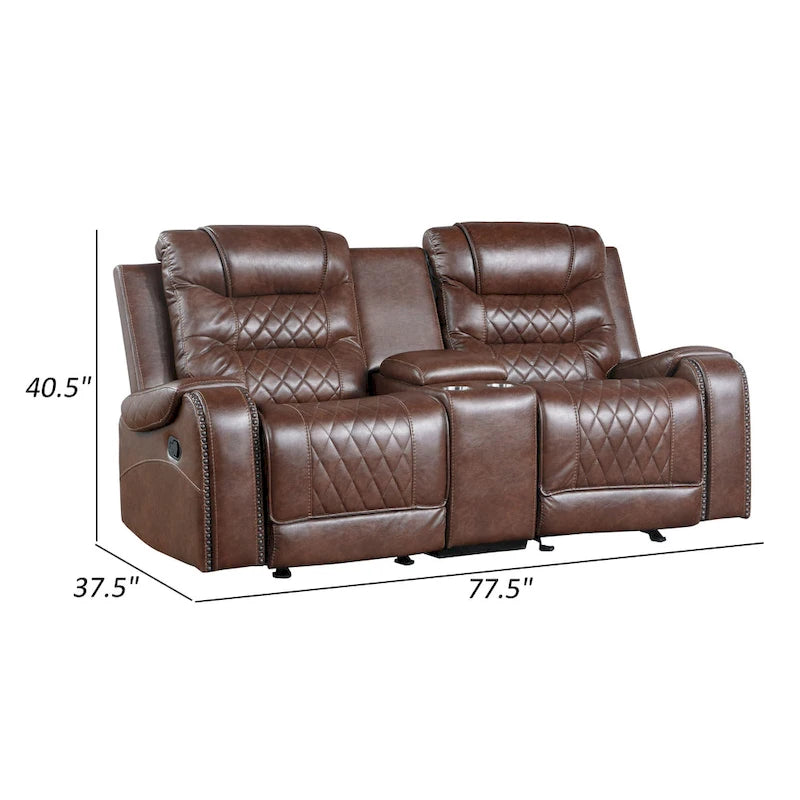Causeuse inclinable manuelle avec console porte-gobelets – Canapé en similicuir marron pour salon