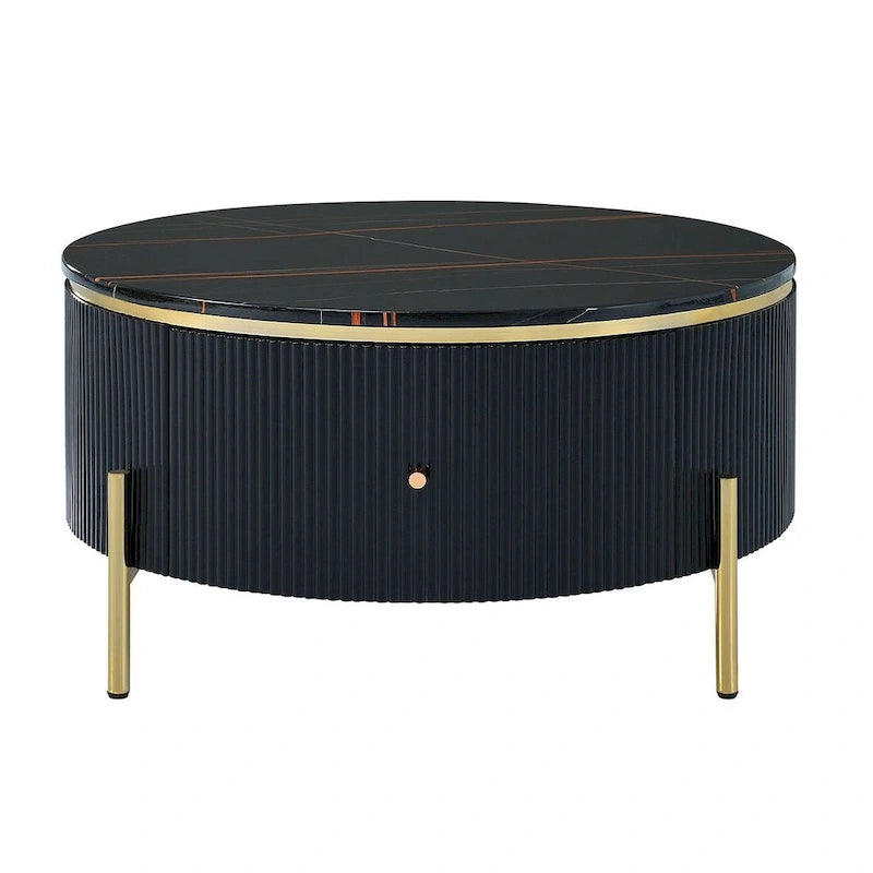 Table basse ronde moderne avec 2 grands tiroirs de rangement, table d'appoint avec plateau à motif marbre