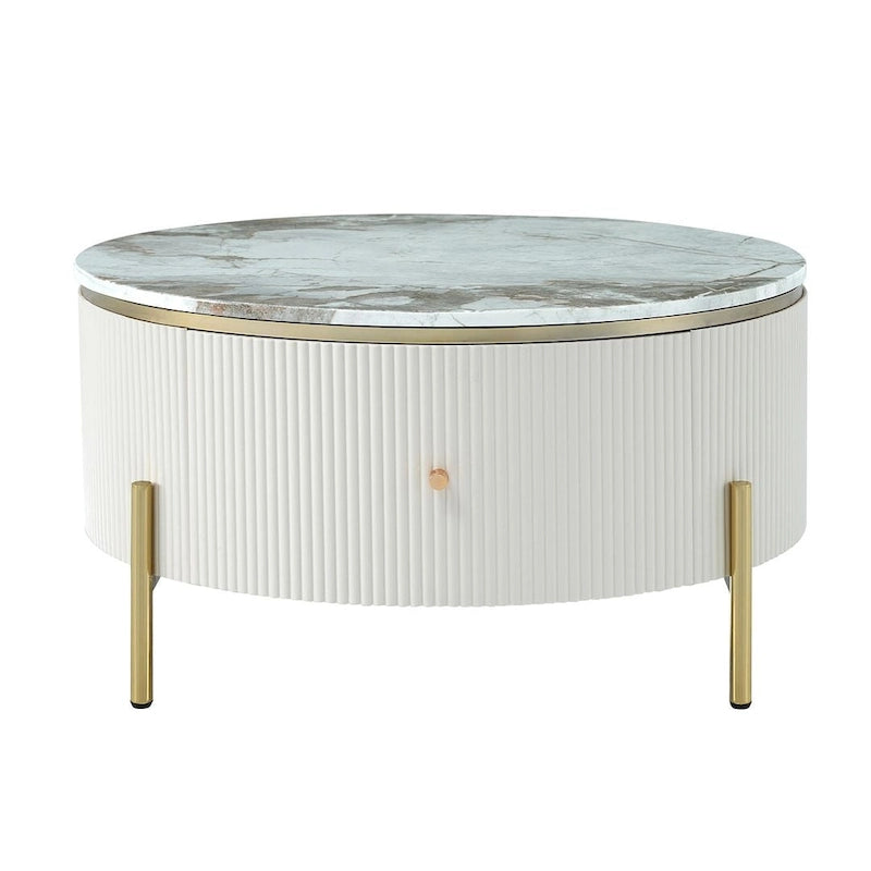 Table basse ronde moderne avec 2 grands tiroirs de rangement, table d'appoint avec plateau à motif marbre