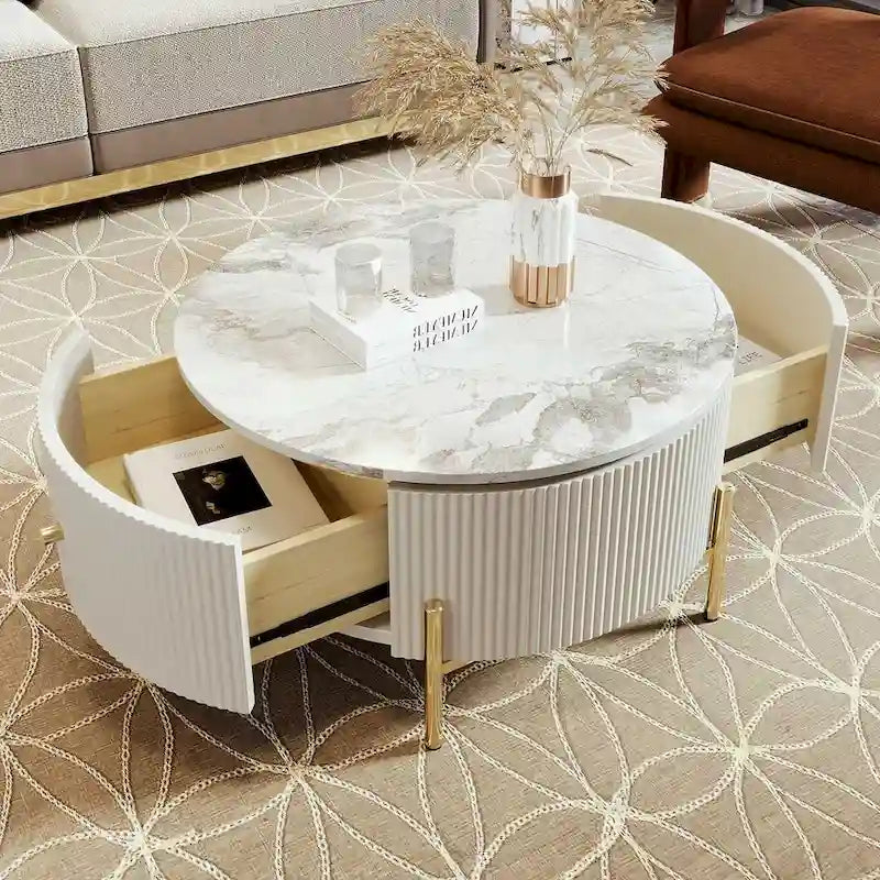 Table basse ronde moderne avec 2 grands tiroirs de rangement, table d'appoint avec plateau à motif marbre