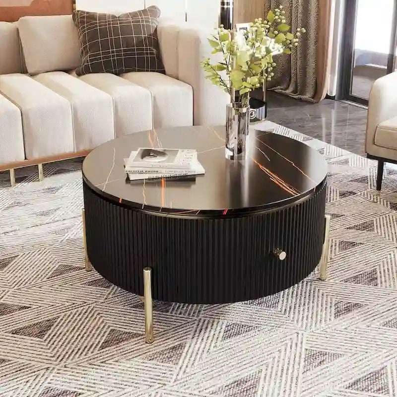 Table basse ronde moderne avec 2 grands tiroirs de rangement, table d'appoint avec plateau à motif marbre