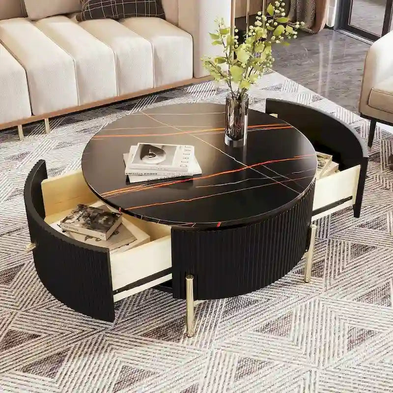 Table basse ronde moderne avec 2 grands tiroirs de rangement, table d'appoint avec plateau à motif marbre